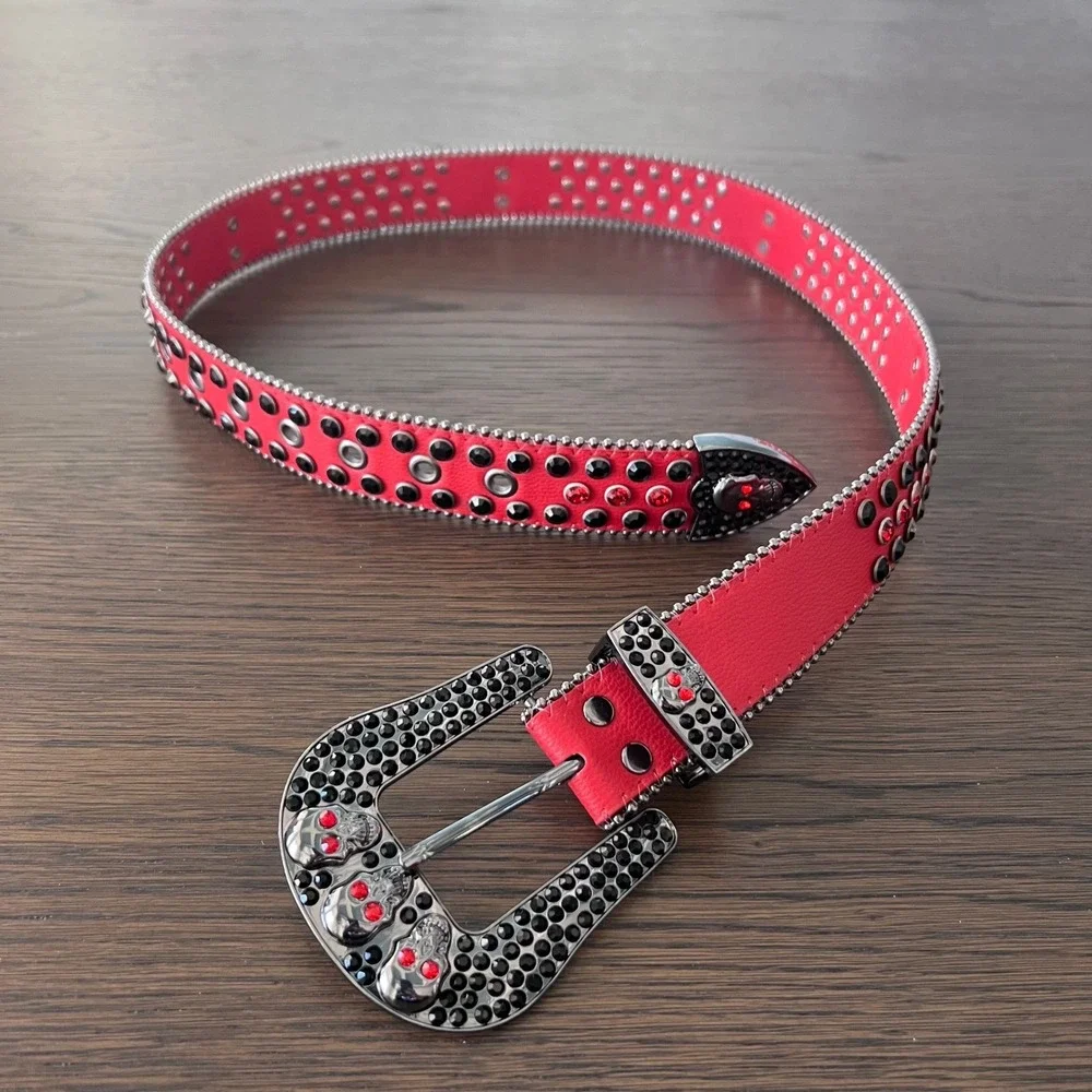 Hot Pink Red Rhinestone Skull Buckle‎ Western Sparkly Belt Women's Belt